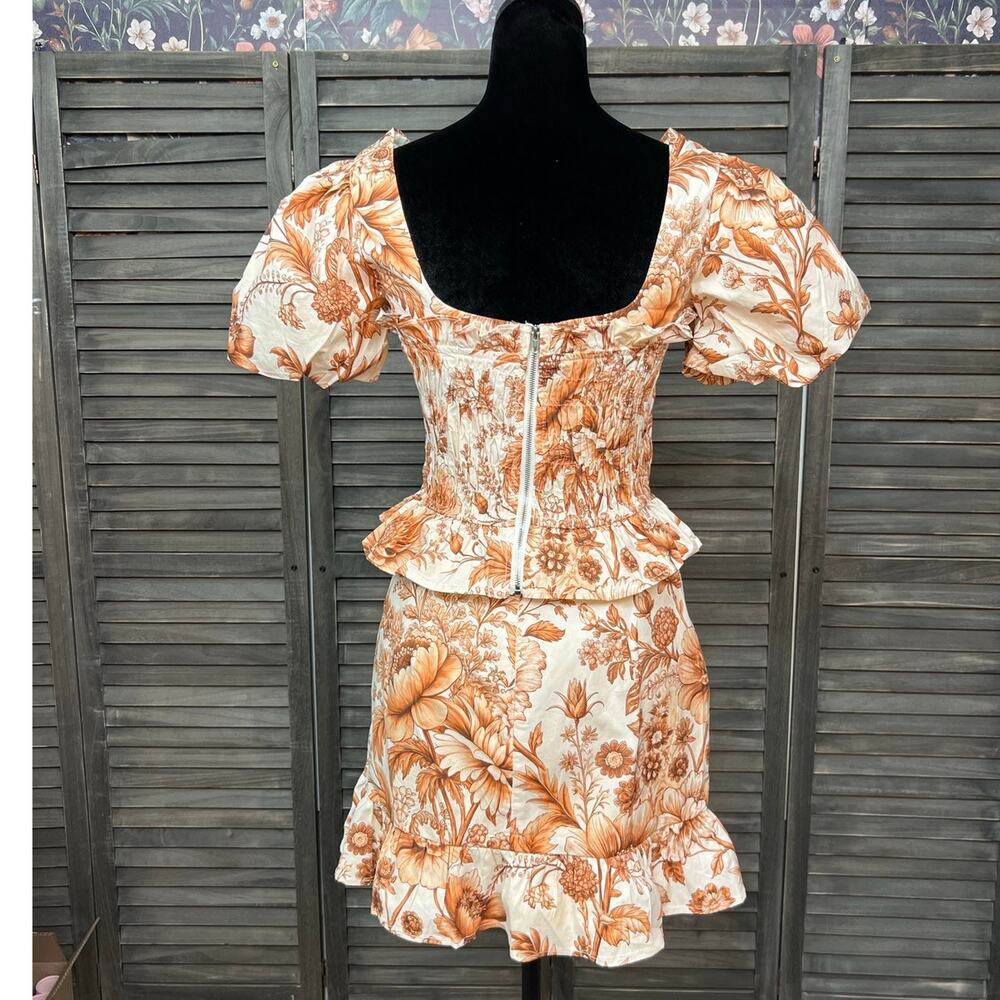 Vestique Rust Cream Floral Cotton Puff Sleeve Crop Top Mini Skirt Set M NWT - Picture 4 of 12
